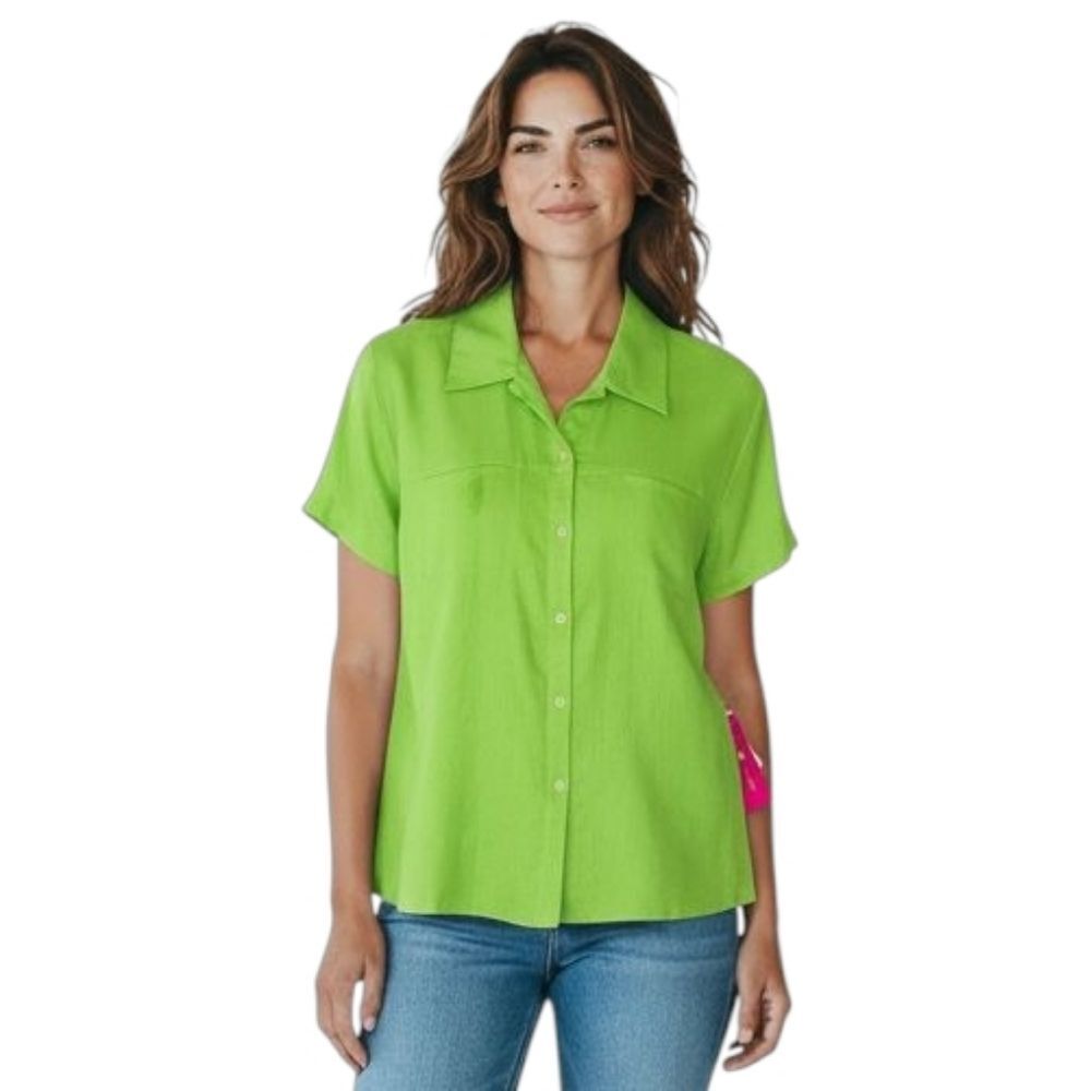 Sunny Leigh Linen Green Short Sleeve Top Blouse Button Up Shirt Large NWT